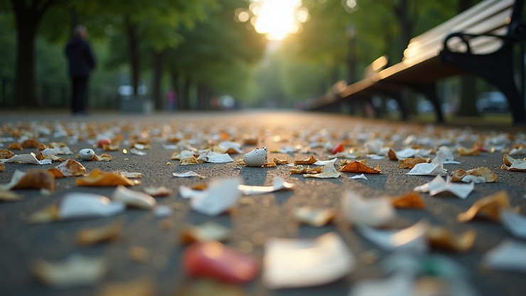 Close-up view of litter scattered across a public park